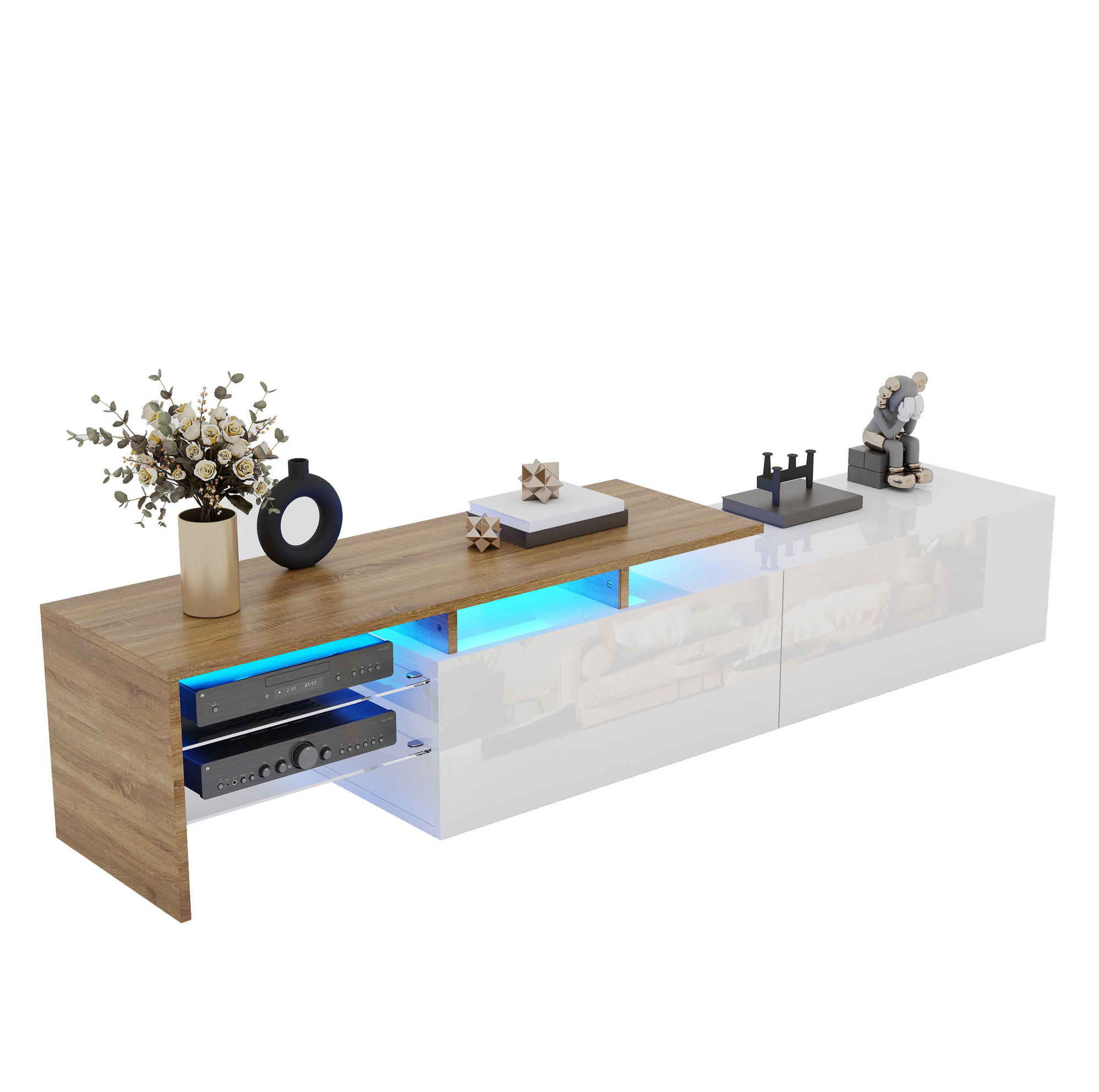 LOWBOARD 170/33/33,5 cm aus Spanplatte mit LED-Beleuchtung und Glasböden Weiß/Naturfarben - Weiß, Holzwerkstoff (170/33.5/33cm) - Modenvie