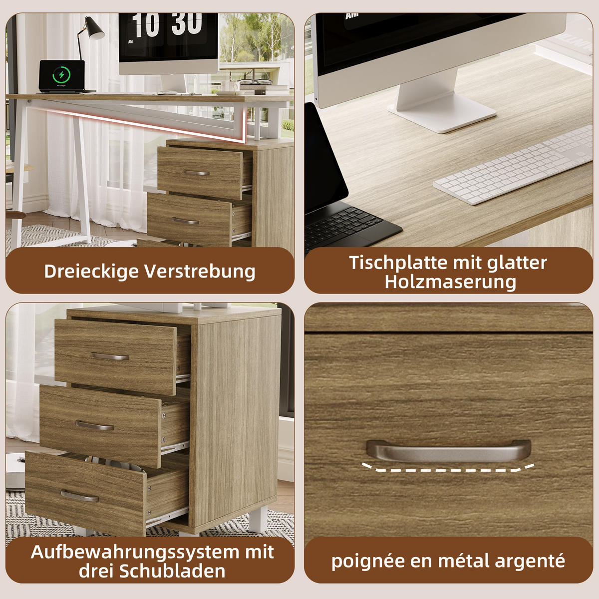 SCHREIBTISCH in Naturfarbe Bürotisch mit Schubladenschienen, 130/55/75cm - Weiß/Naturfarben, Holzwerkstoff/Metall (55/130/75cm) - STILVORA