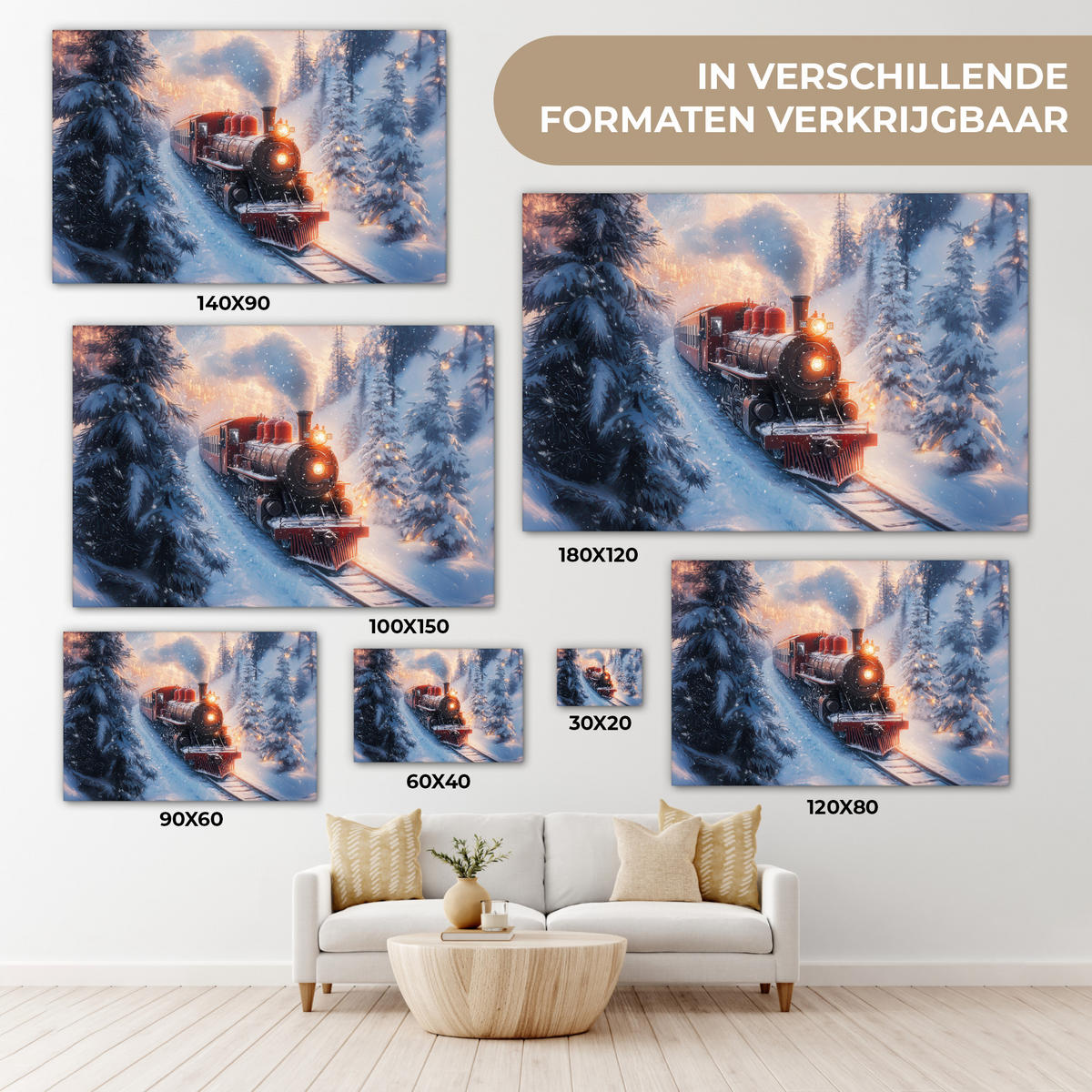 LEINWANDBILD Weihnachtszug - Schnee - Winter - Weihnachten Wohnzimmer 120x80 cm - Dunkelrot, Textil (120/80cm) - MuchoWow