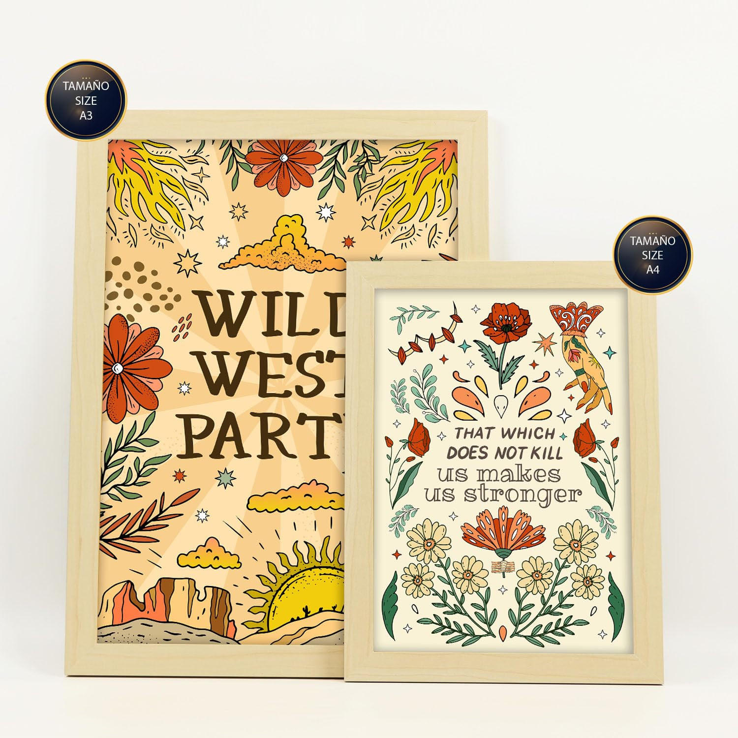 POSTER Set Mit 6 Wundervoller Wildwest-Ästhetische Dekorative Gemälde Für Ihr Wohnzimmer Oder Zuhause Wandkunstdruck A3 & A4 Rahmen Aus Hellem Holz - Beige, Papier (29/3cm) - Nacnic