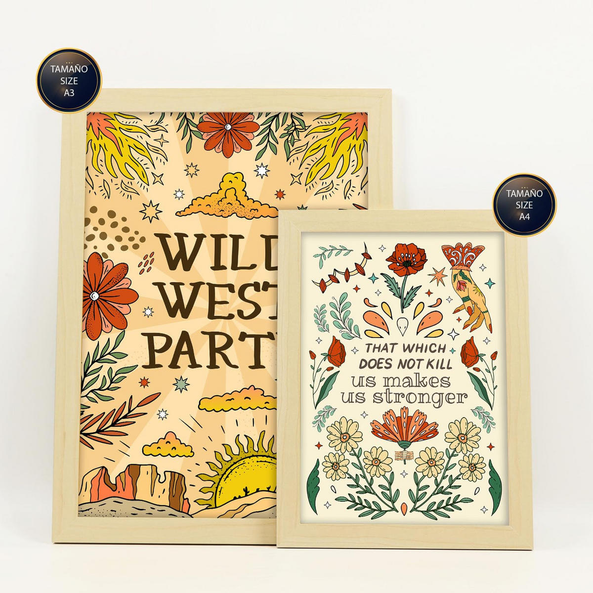POSTER Set Mit 6 Wundervoller Wildwest-Ästhetische Dekorative Gemälde Für Ihr Wohnzimmer Oder Zuhause Wandkunstdruck A3 & A4 Rahmen Aus Hellem Holz - Beige, Papier (29/3cm) - Nacnic