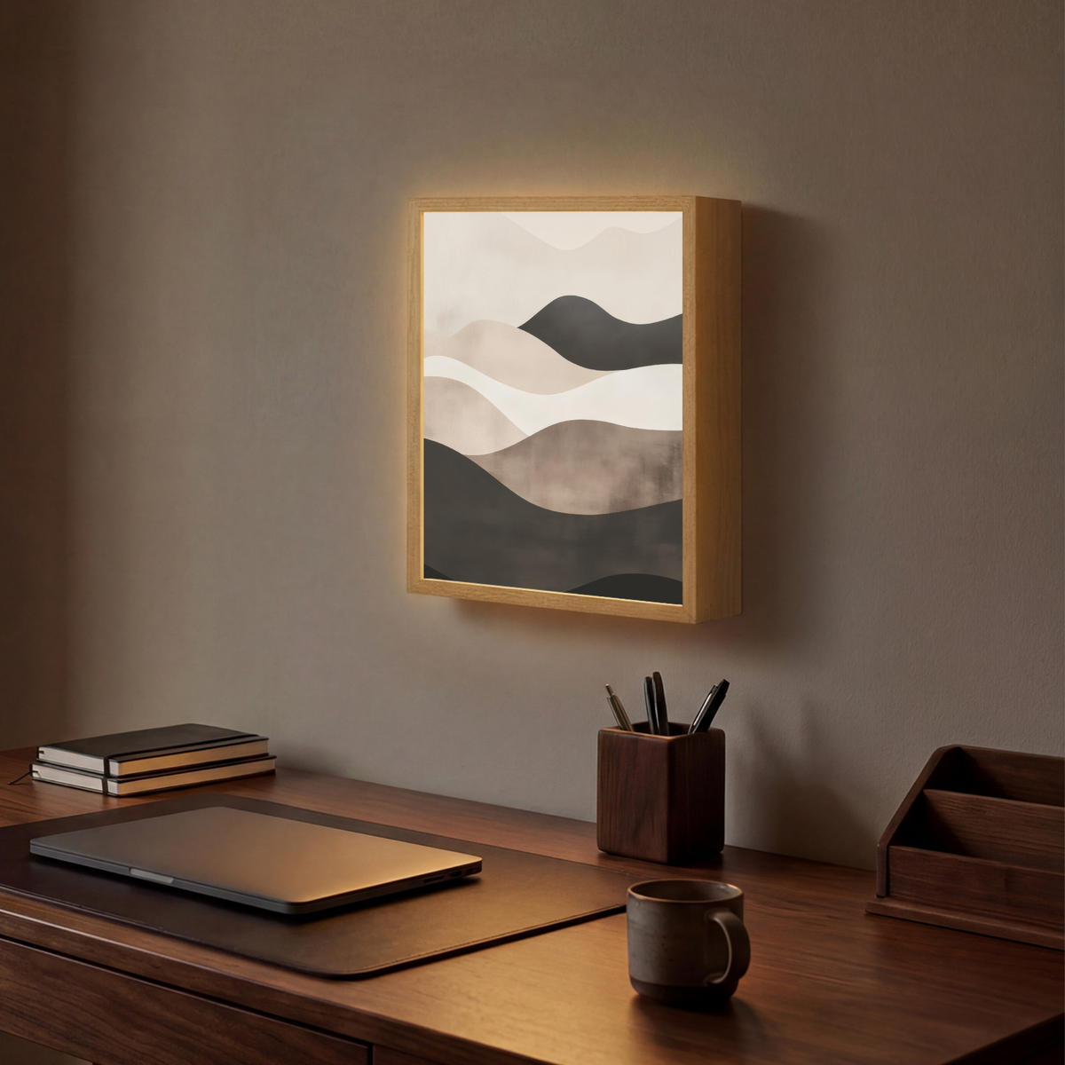 NÁSTĚNNÁ LAMPA S AKUMULÁTOREM Abstraktní - Krajina - Vlny - Krémová barva 30x40 cm - šedohnědá, kompozitní dřevo (30/40/8cm) - OnlyWow