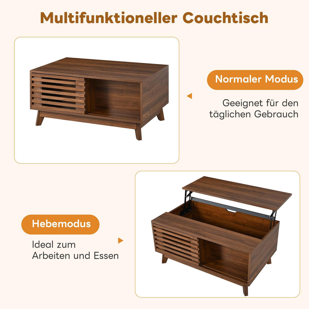 COUCHTISCH walnuss-optik mit lift-funktion & jalousie-schiebetür - Walnussfarben, Holzwerkstoff (55/90/57.5cm) - Urban Meuble