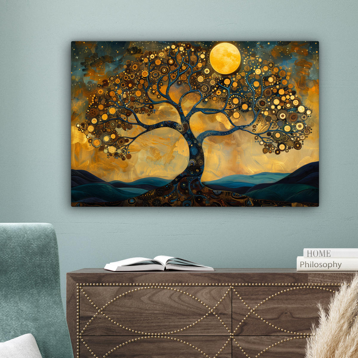 LEINWANDBILD Baum - Mond - Blumen - Gold - Kunst Gemälde 60x40 cm - Orange, Textil (60/40cm) - MuchoWow