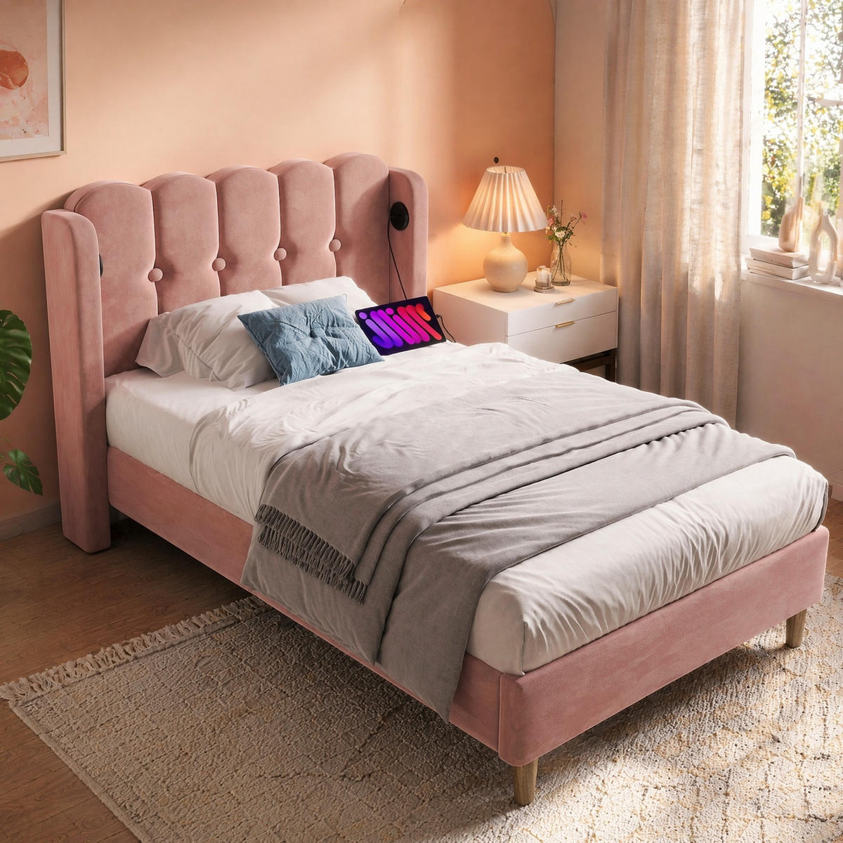 POLSTERBETT 90/200 mit USB, Type-C und gepolstertem Kopfteil in Rosa - Rosa, Holzwerkstoff/Textil (90/200cm) - EVRYAE