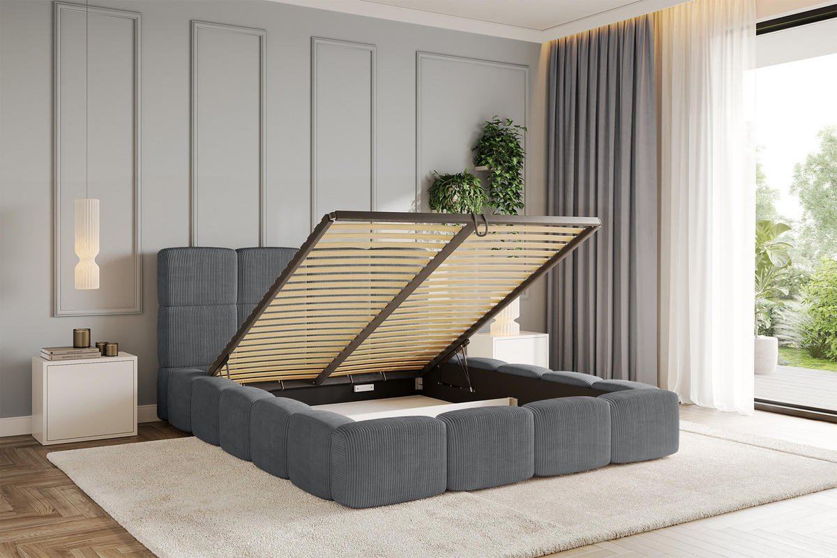 POLSTERBETT mit Bettkasten und Lattenrost, Bett mit Matratze H3/H4, Kopfteil, Boxbett, Doppelbett mit Stauraum - NATA 120x200 Dunkelgrau - Chromfarben, Holzwerkstoff/Textil (120/200cm) - ALTDECOR
