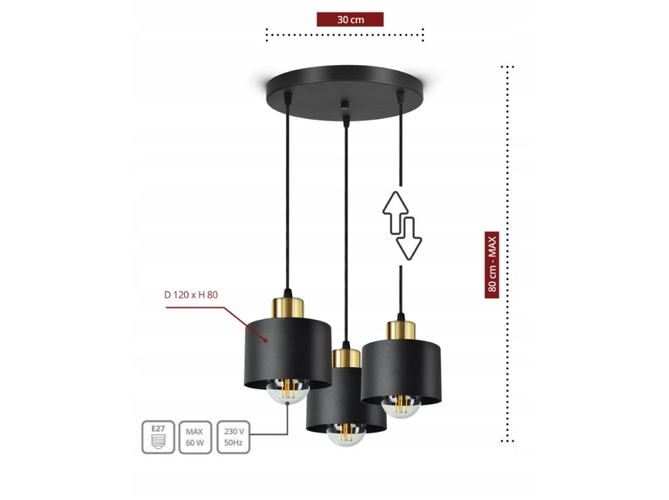 PENDELLEUCHTE BLACKSPOT - Goldfarben/Schwarz, Metall (35/35/80cm) - kiki design