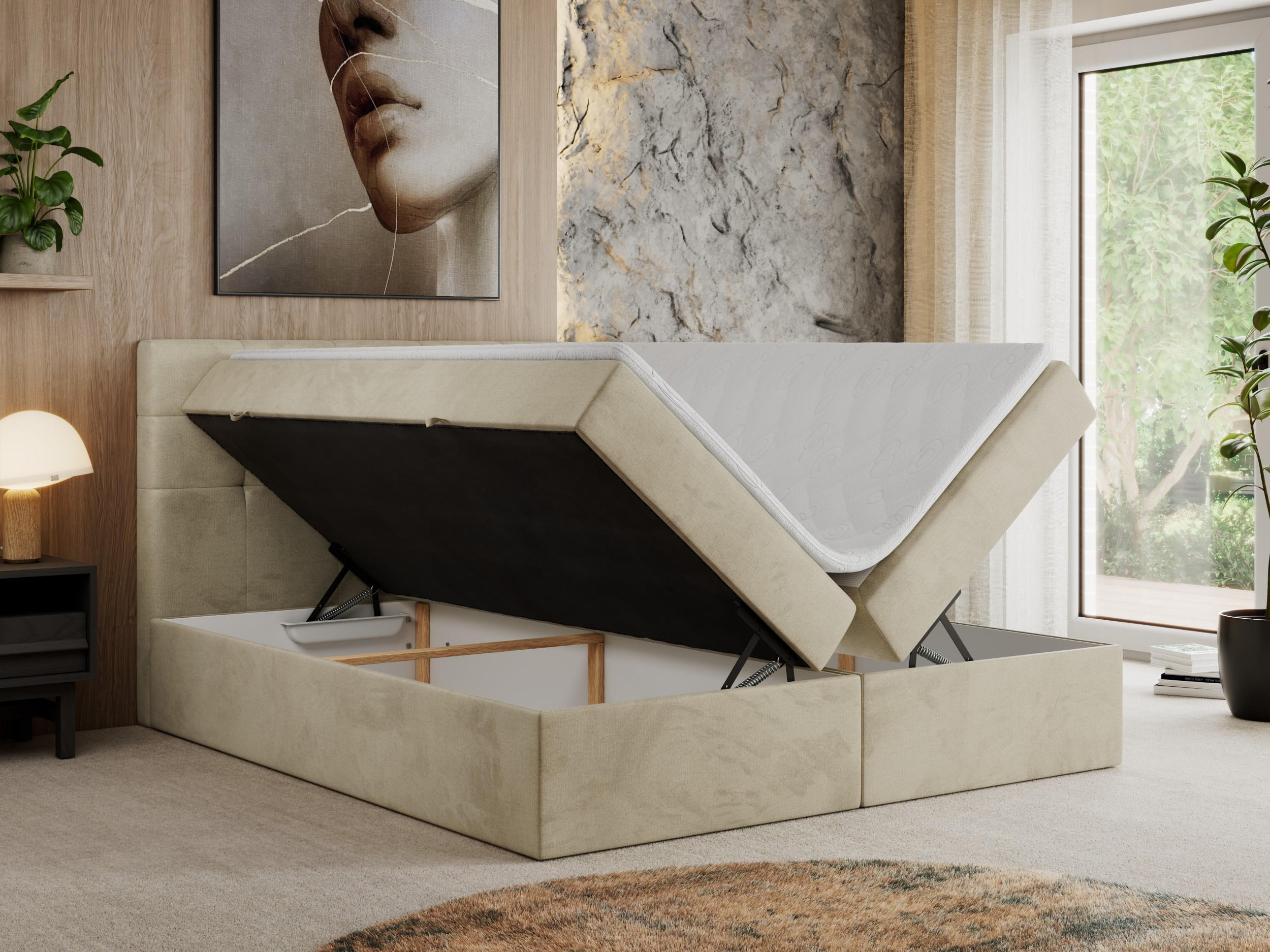 Thumbnail - MKS Boxbett, Beige, Textil, 1-Sitzer, H3, Rechteckig, 180x200 cm, Schlafzimmer, Betten, Boxspringbetten