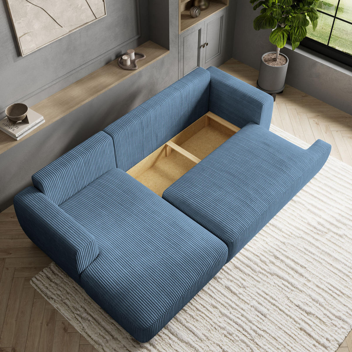 ECKSOFA SENTI P L-S Blau Kordstoff mit Schlaffunktion - Blau, Holz (246/148cm) - MASSENO