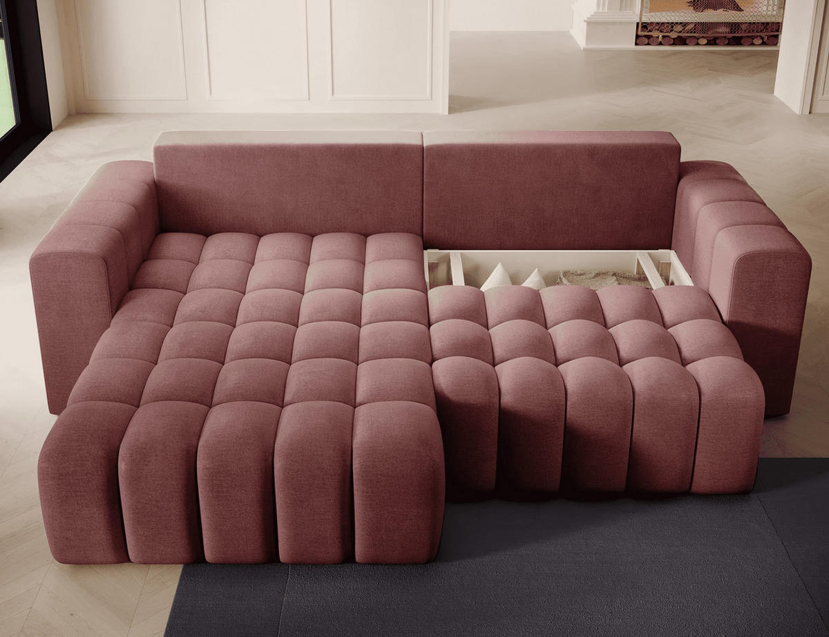 ECKSOFA mit Schlaffunktion und Bettkasten, Velours-Stoff - Rot/Schwarz, Textil (250/175cm) - Eltap