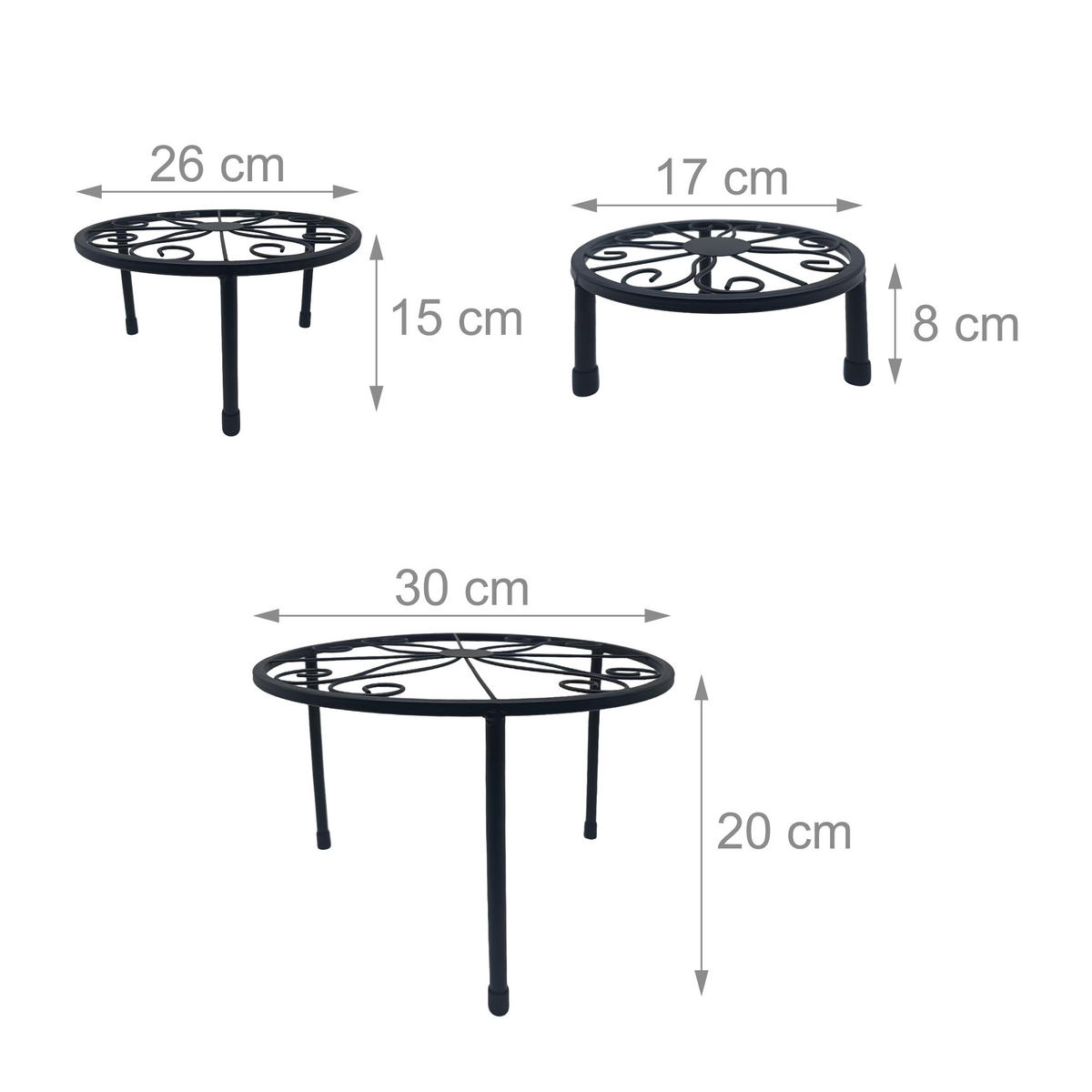 5DÍLNÁ sada stojanů na květiny - černá, kov (30/20/30cm) - Relaxdays