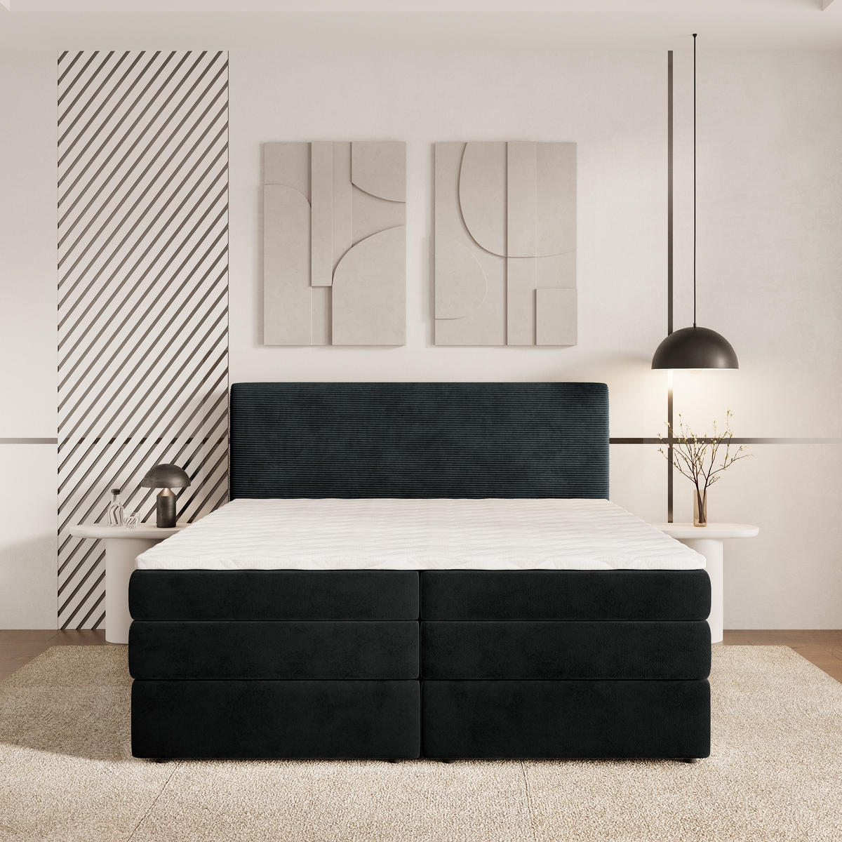 BOXSPRINGBETT MATERN 140x200 cm mit Matratze und Topper - Schwarz - Schwarz, Holz (140/200cm) - MASSENO