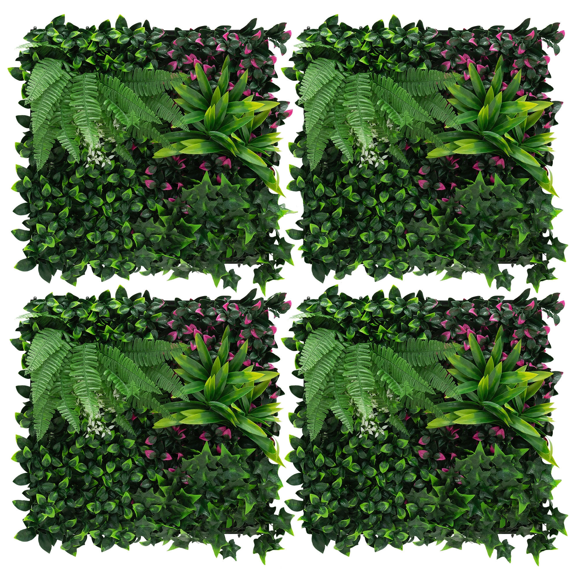 KÜNSTLICHE PFLANZENWAND 4er Set 50x50 cm Kunstpflanzen Wand Innen Aussen Grün Jungle Fern - Waldgrün/Pink, Kunststoff (50/50/10cm) - ECD-Germany