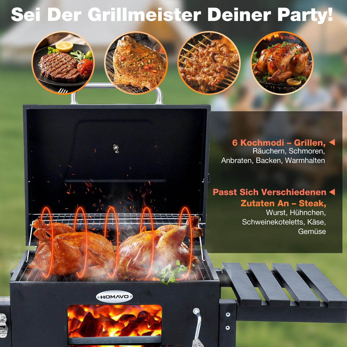 HOLZKOHLEGRILL mit Abdeckung - Schwarz, Metall (55/104/113cm) - HOMAVO