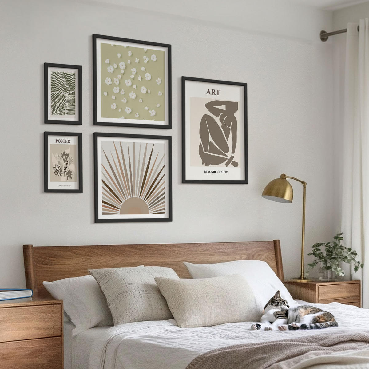 BILDER SET 5er Set - 50x50 cm & 20x30 cm & 40x60 cm Schwarzer Rahmen - Pflanzenmotive in gedeckten Farben - Schwarz, Kunststoff (40/60cm) - TULUP