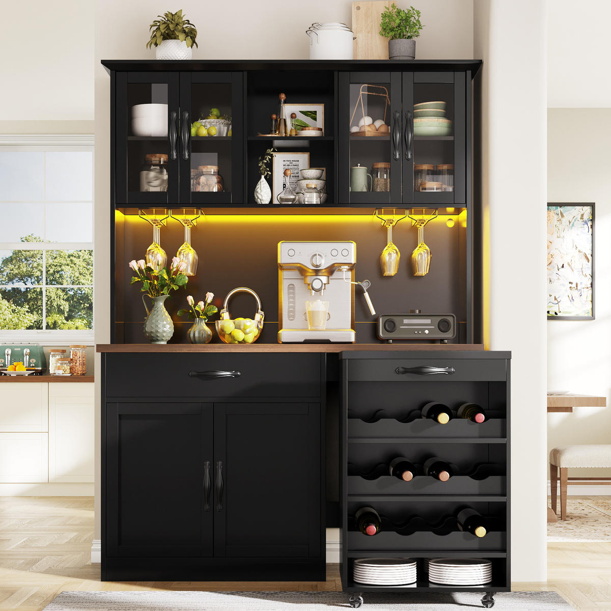 BUFFET Küchen-Hochschrank mit Rollwagen, Weinregal & Glastüren, Holzoptik, MDF/Glas/Metall modern - Schwarz, Holzwerkstoff/Metall (140/180/38cm) - EVRYAE