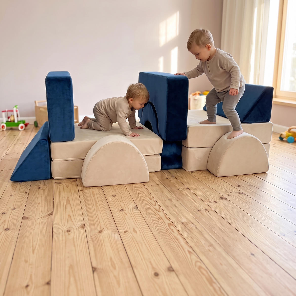 SPIELSOFA Blau Kinder 10-tlg.-Set modular - Multicolor, Kunststoff/Textil (150/47/65cm) - Relaxdays