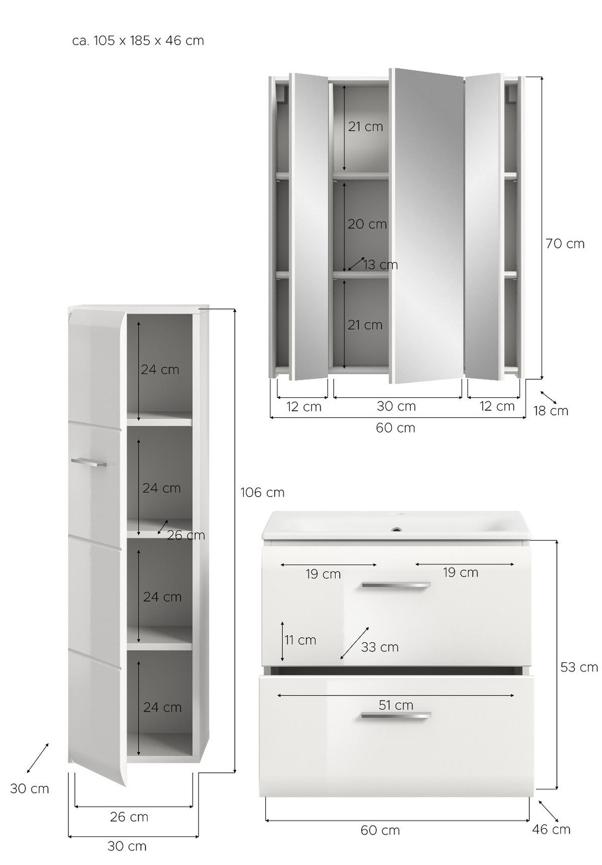 BADMÖBEL-SET weiß Hochglanz 3-teilig 105 cm, Komplettset inklusive Waschbecken - Weiß Hochglanz/Silberfarben, Glas/Holzwerkstoff (105/185/46cm) - Inn.Furn