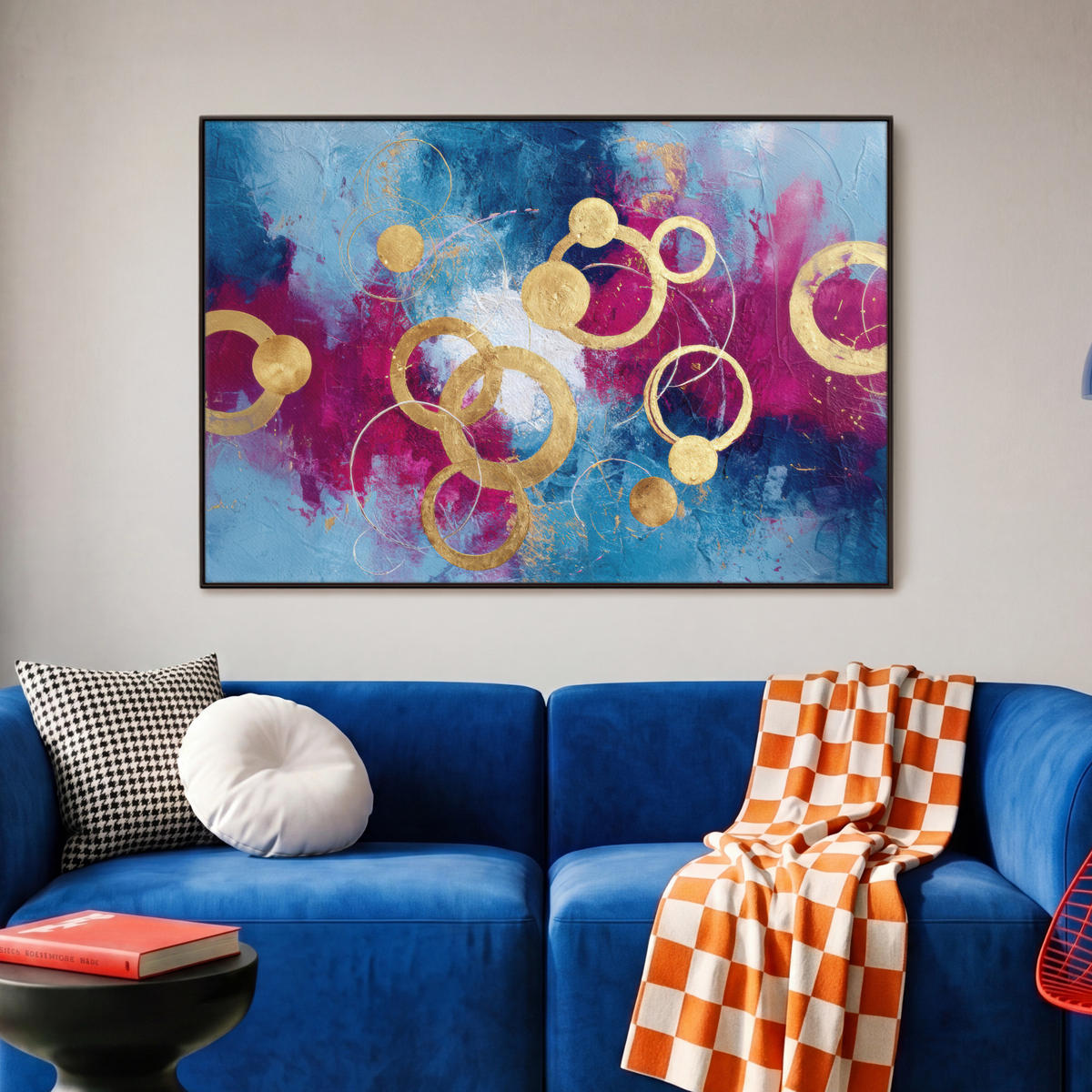 LEINWAND Bilder mit Rahmen - Kreise - Gold - Abstrakt - 90x60 - Blau, Textil (90/60cm) - MuchoWow