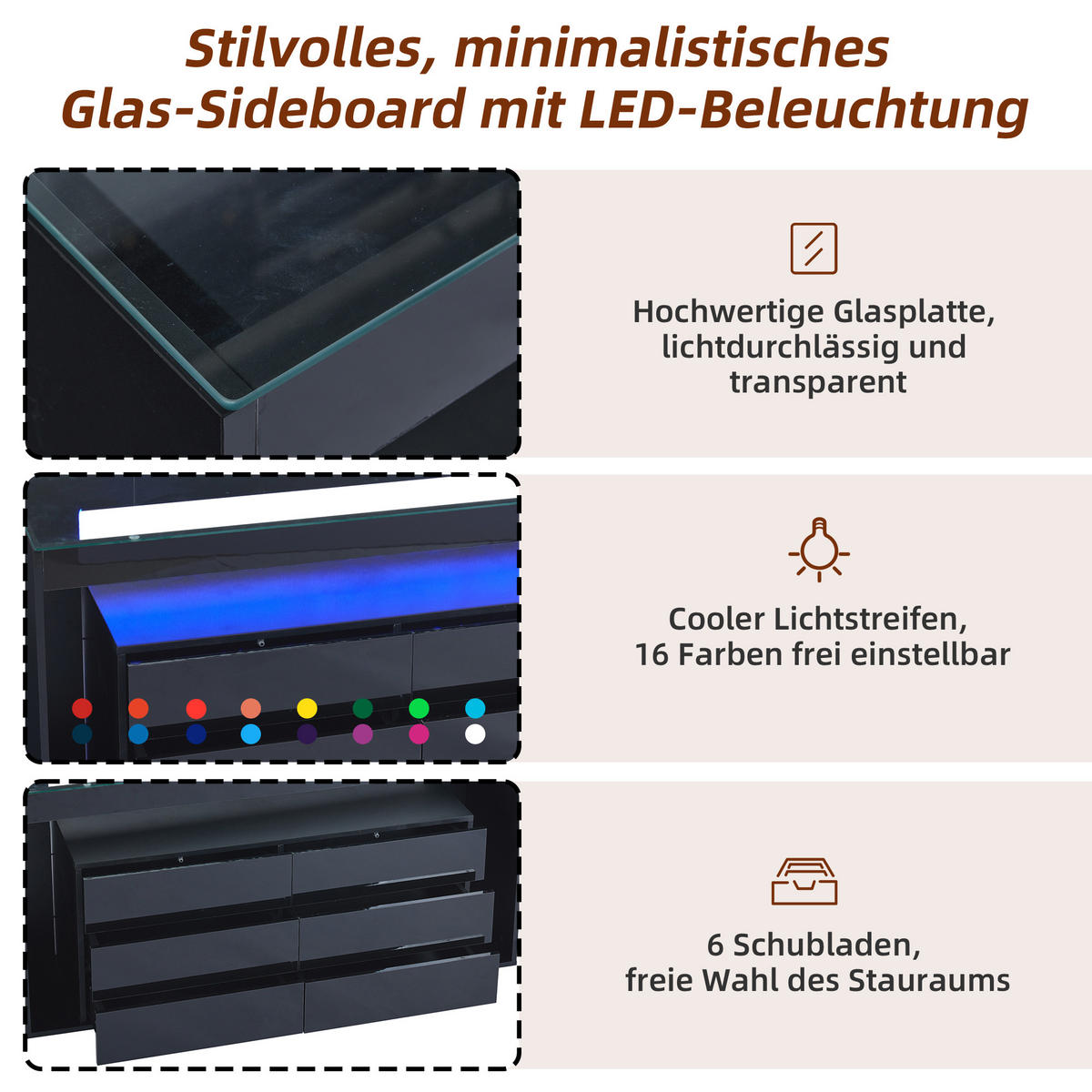 SIDEBOARD mit 6 Schubladen und LED-Beleuchtung - Schwarz, Holzwerkstoff (140/70/40cm) - Urban Meuble