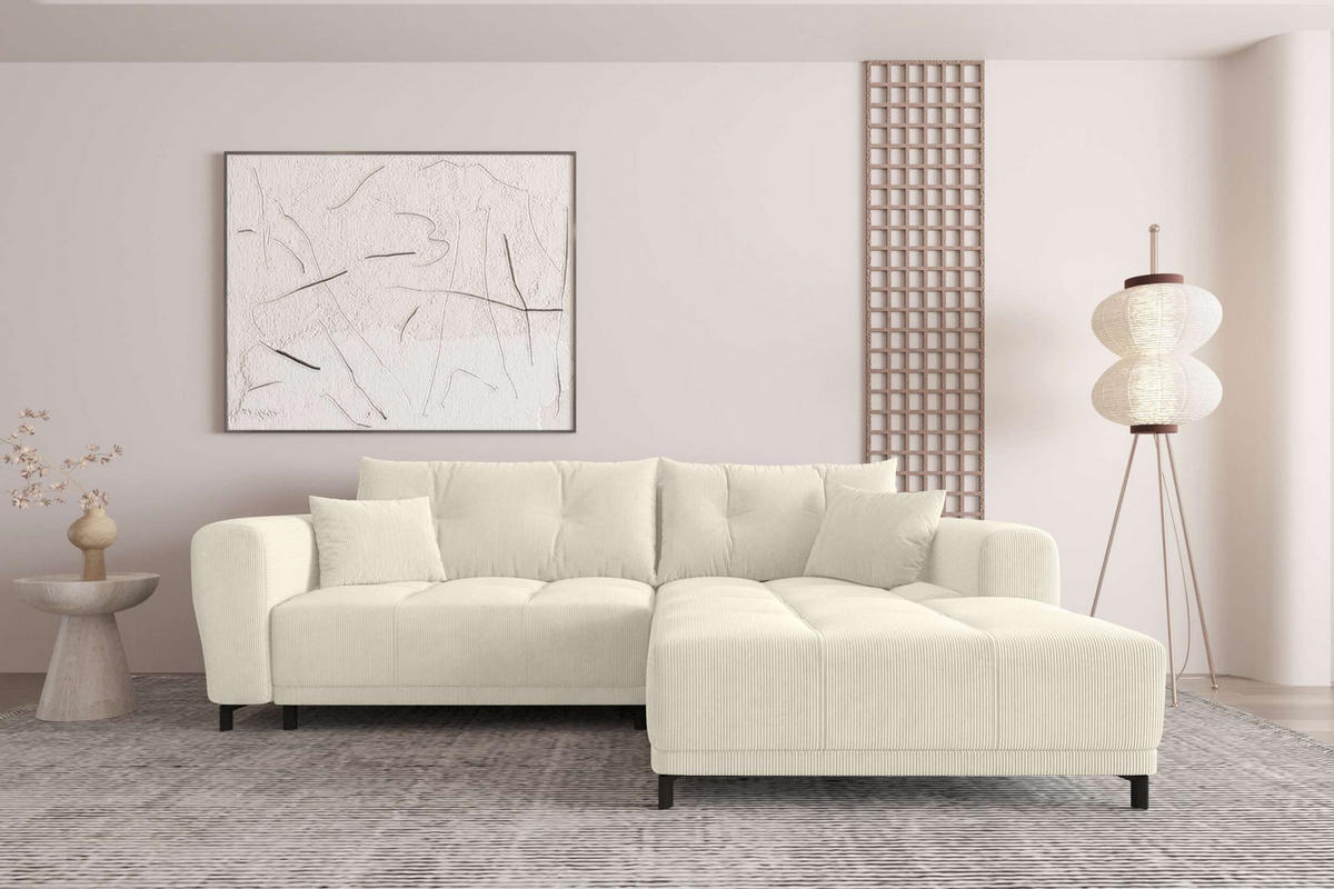 ECKSOFA Massimo Cordstoff Creme inkl. Schlaffunktion Rechts - Creme/Schwarz, Textil/Metall (246/177cm) - 99rooms