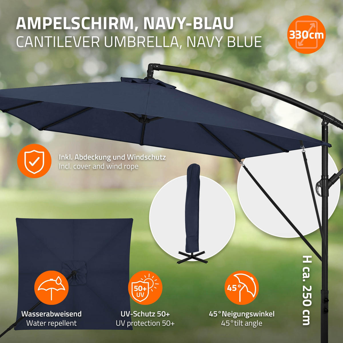 AMPELSCHIRM Ø 330 cm in Navy Blau aus Aluminium - Blau, Metall (330/330cm) - ML-DESIGN