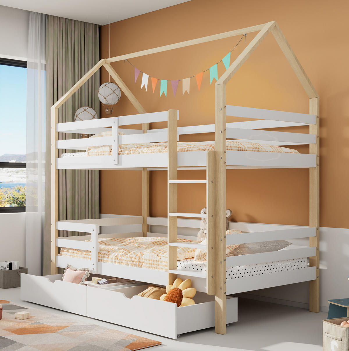 ETAGENBETT aus Kiefernholz 90x200 cm in Weiß mit Schubladen & Rausfallschutz - Weiß, Holz (90/200cm) - Modfu