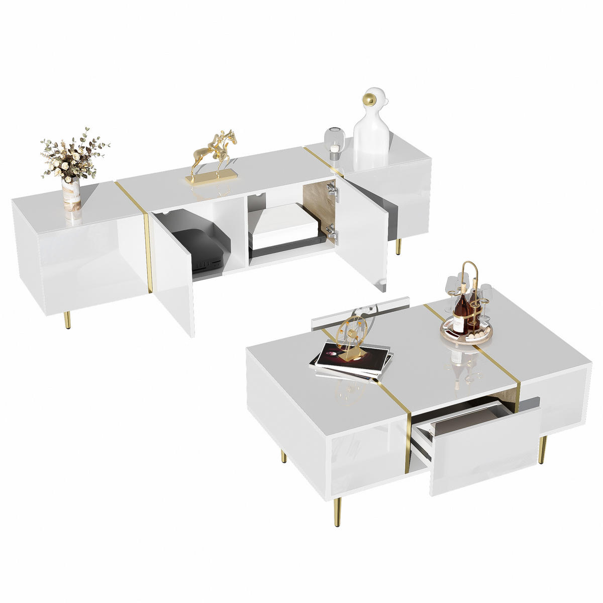 TV-SCHRANK Couchtisch Set weiß - Weiß, Holzwerkstoff (170/46/35cm)