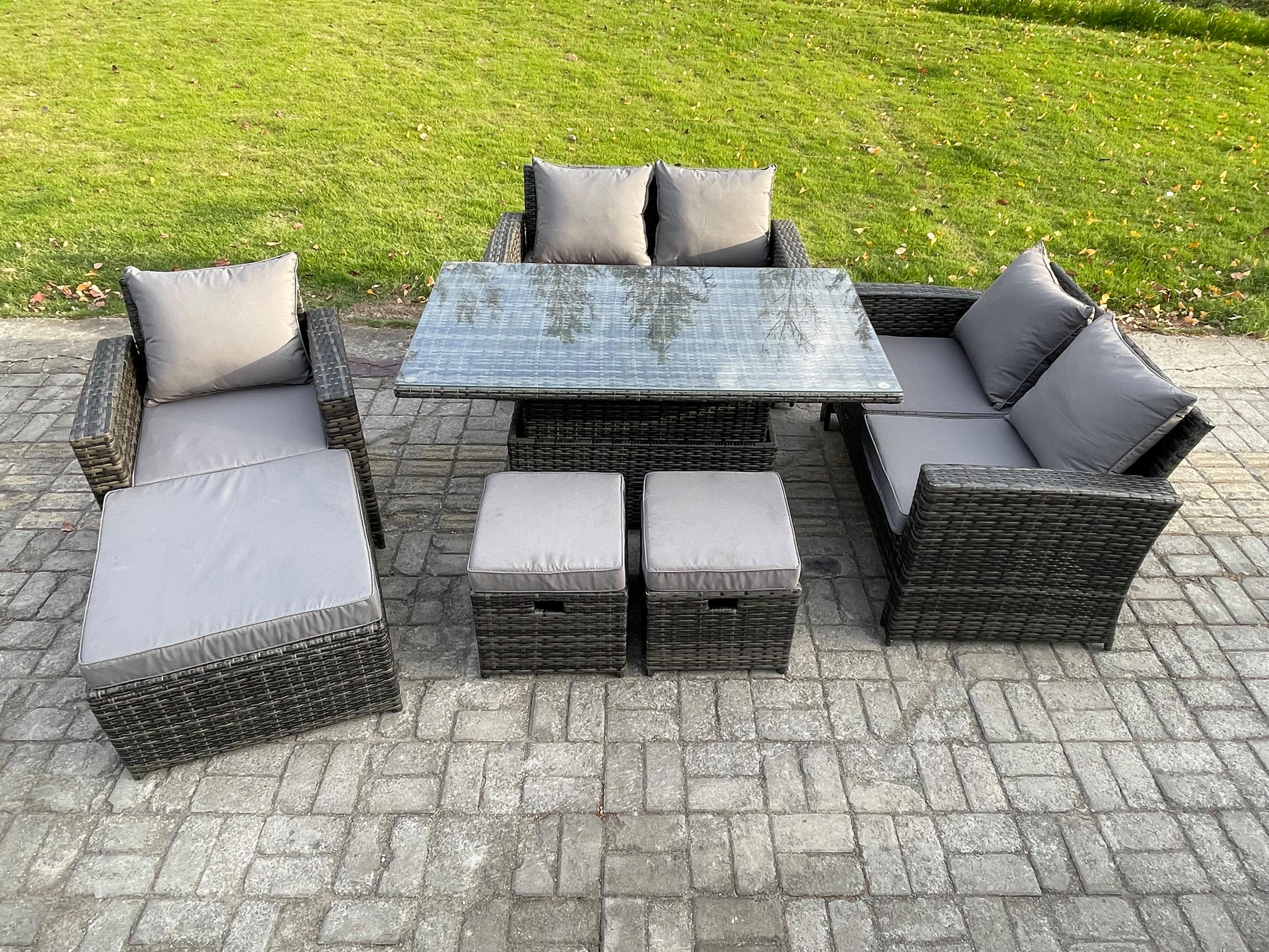 GARTENMÖBEL-SET SOFA HÖHENVERSTELLBARER ESSTISCH 3 HOCKER Polyrattan Dunkelgrau Gemischt 8-Sitzer - Dunkelgrau, Metall - Fimous