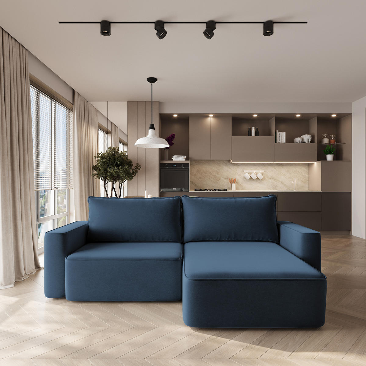 ECKSOFA BELISE CL Blau Veloursstoff mit Schlaffunktion - Blau, Holz/Textil (252/162cm) - MASSENO