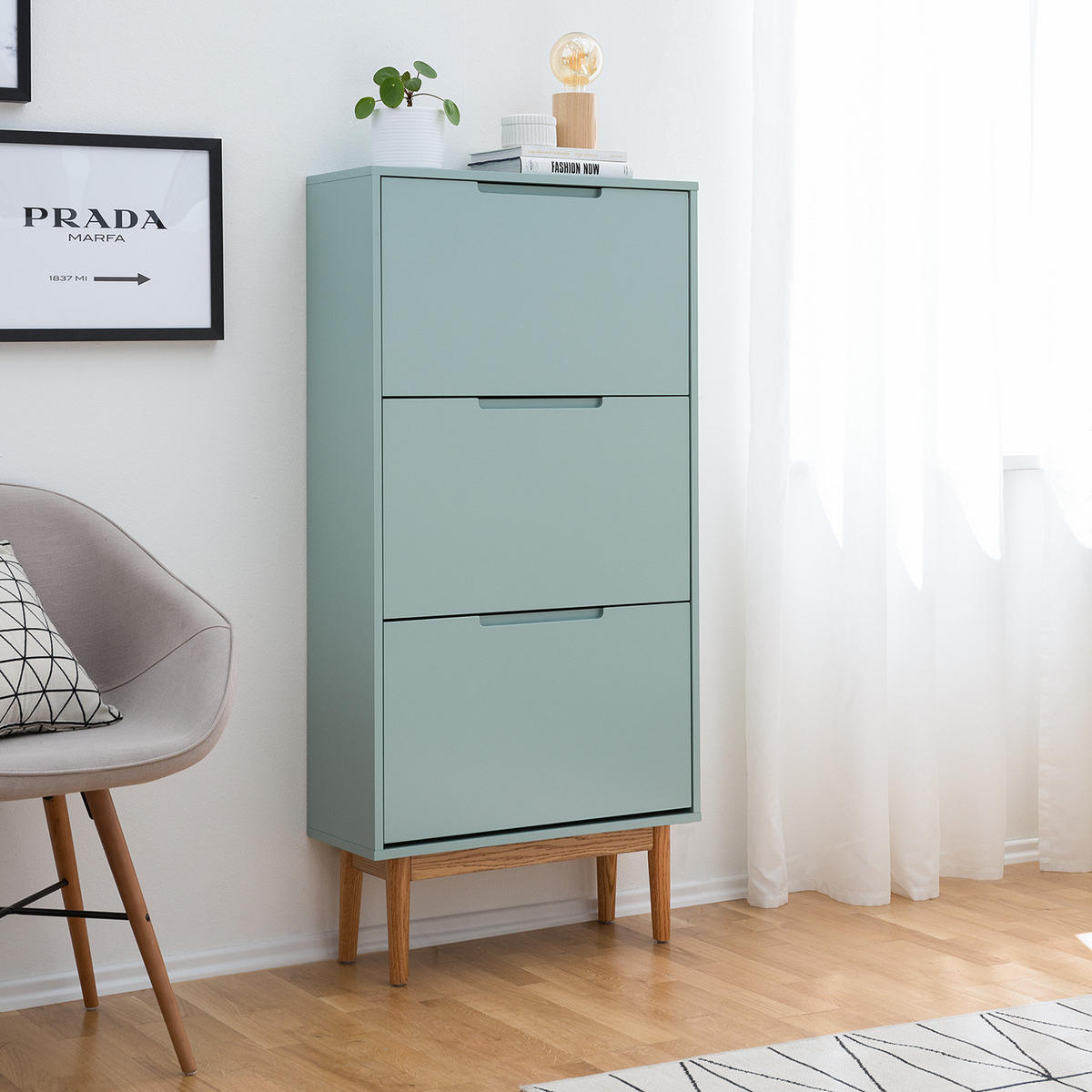 SCHUHKIPPER - Eichefarben/Mintgrün, Holzwerkstoff (63/130/24cm) - home24