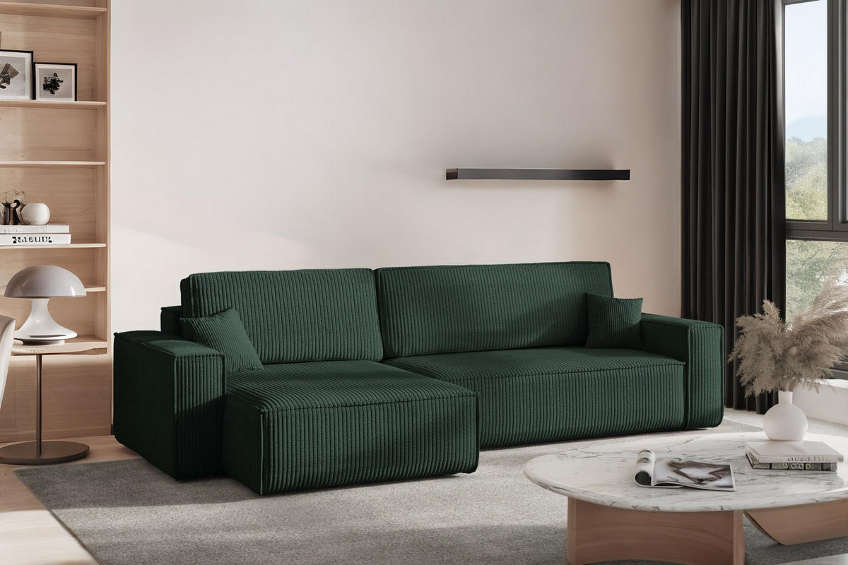 ECKSOFA Mit Schlaffunktion Und Bettkasten, Eckcouch BEST XL Stoff Poso Dicker Cord Grün Links - Schwarz/Grün, Holz/Kunststoff (142/274cm) - Kaiser Möbel