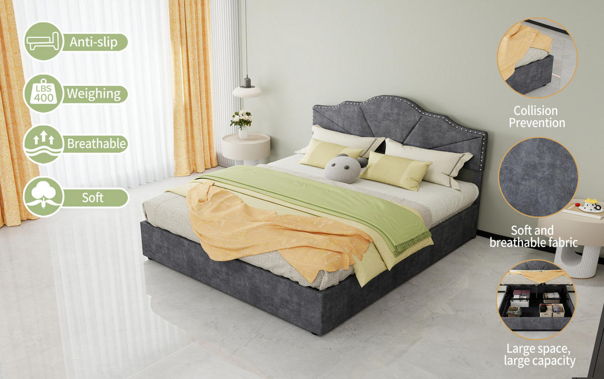 POLSTERBETT 160/200 cm mit Matratze, geometrischem Kopfteil und Bettkasten, Grau - Grau, Textil (160/200cm) - Redom