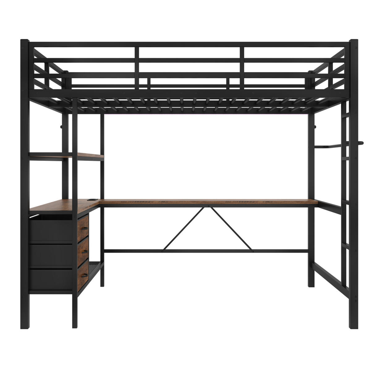 HOCHBETT 140/200 cm aus Metall mit LED-Beleuchtung, Schreibtisch und Stauraum - Schwarz, Metall (140/200cm) - Flora Grace
