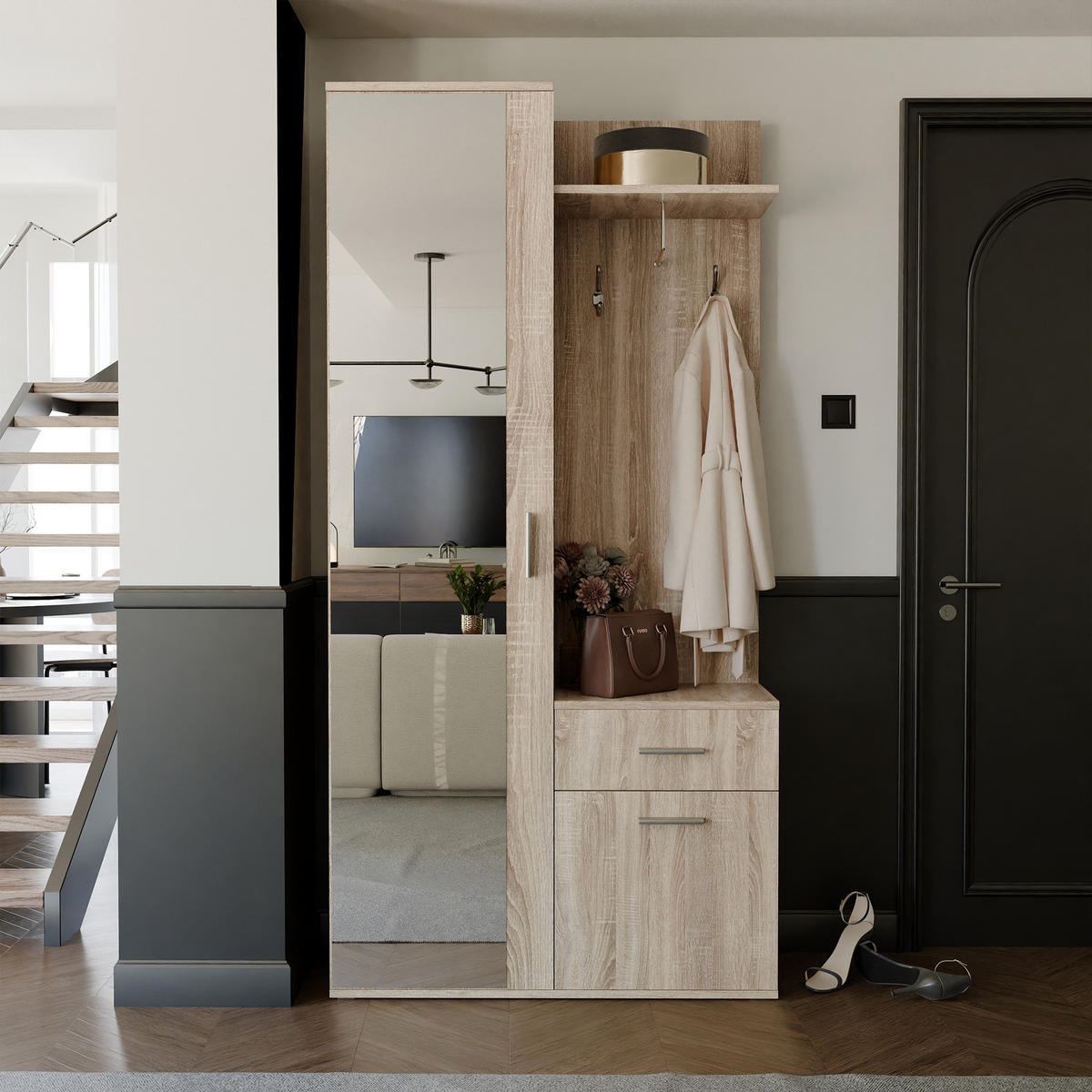 GARDEROBENSCHRANK mit Spiegel-mit Ablagen und Kleiderstange - Graubraun/Braun, Holzwerkstoff (97/195/30cm) - Idohome