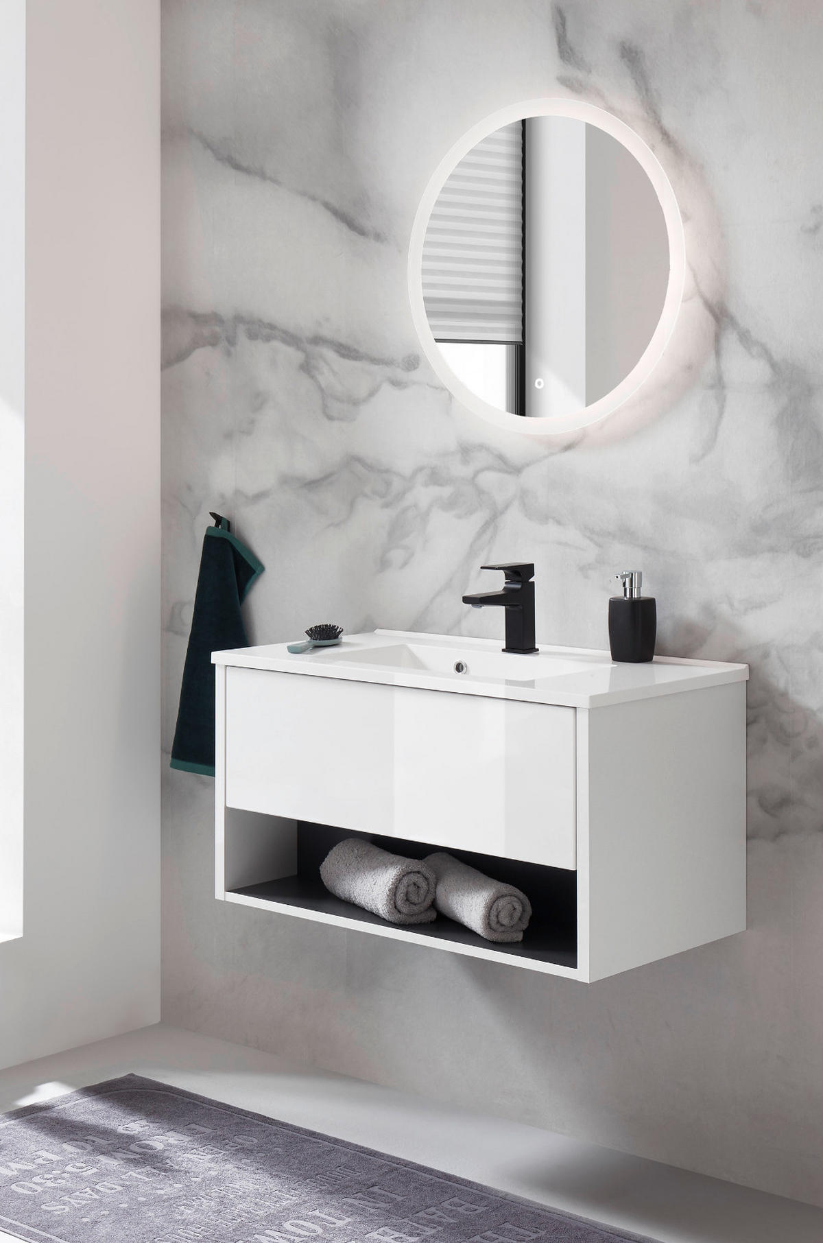 BADMÖBEL Set in weiß Hochglanz und grau mit Waschbecken und LED Beleuchtung 80 x 190 cm Glide - Weiß Hochglanz/Grau, Glas/Holzwerkstoff (80/190/47cm) - Furn.Design