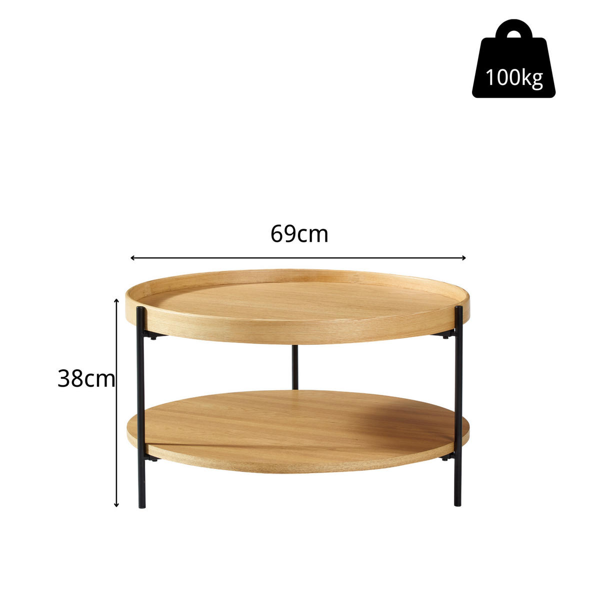 COUCHTISCH 69/69/38 cm Natur aus Massivholz und MDF mit 2 Ebenen - Naturfarben, Holzwerkstoff (69/69/38cm) - OKWISH