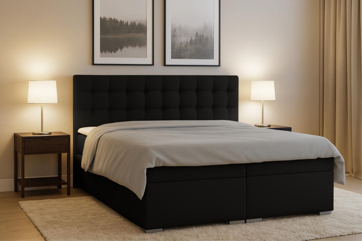 BOXBETT CLAUDIA 180/200 Velour Schwarz mit Taschen-Federkernmatratzen 7 Zonen H4 - Schwarz, Holzwerkstoff (180/200cm) - Deine Möbel 24
