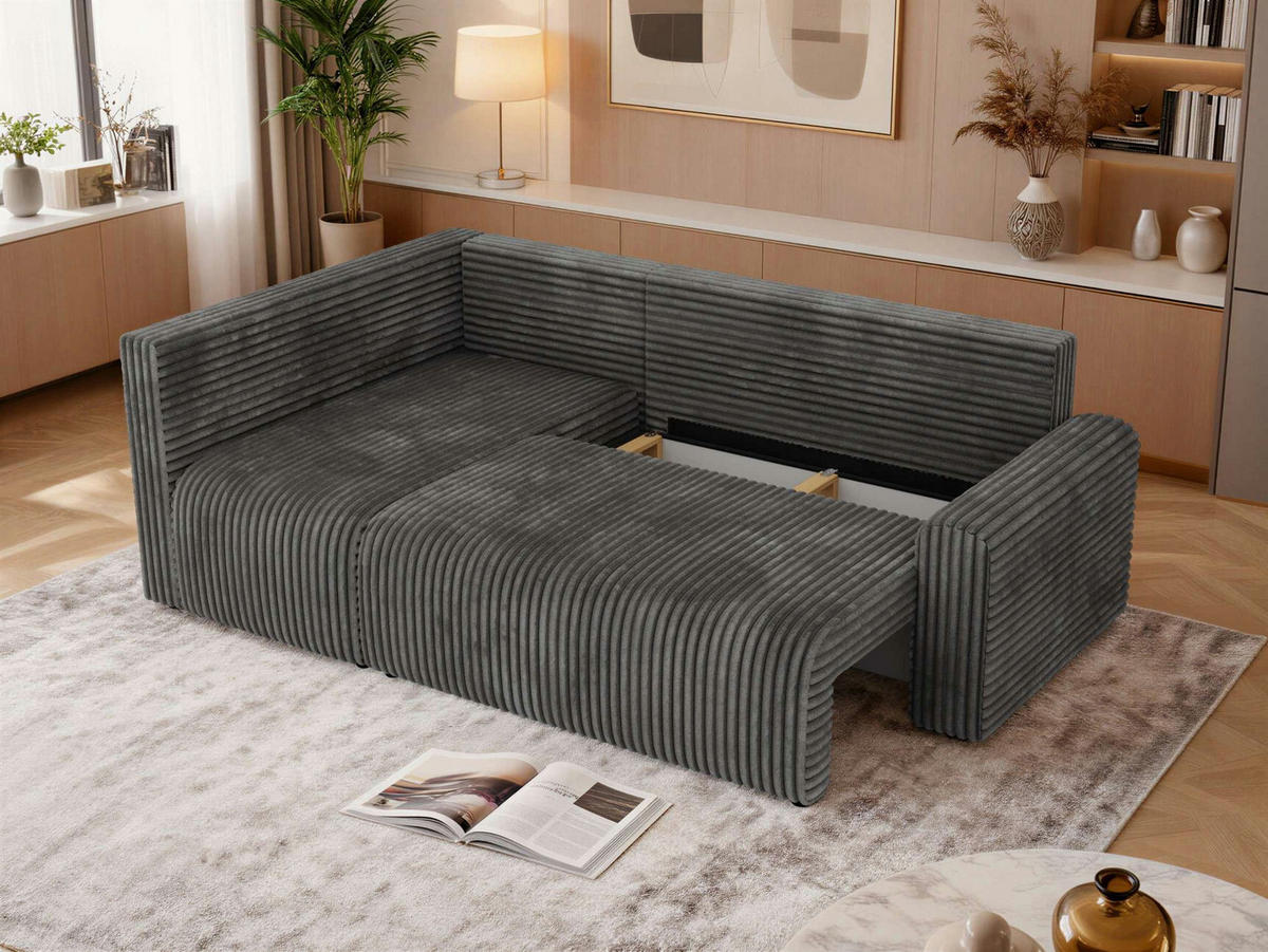 ECKSOFA NESSARO COR L - Grau Cord - Links - Schwarz/Grau, Kunststoff/Textil (151/240cm) - MKS