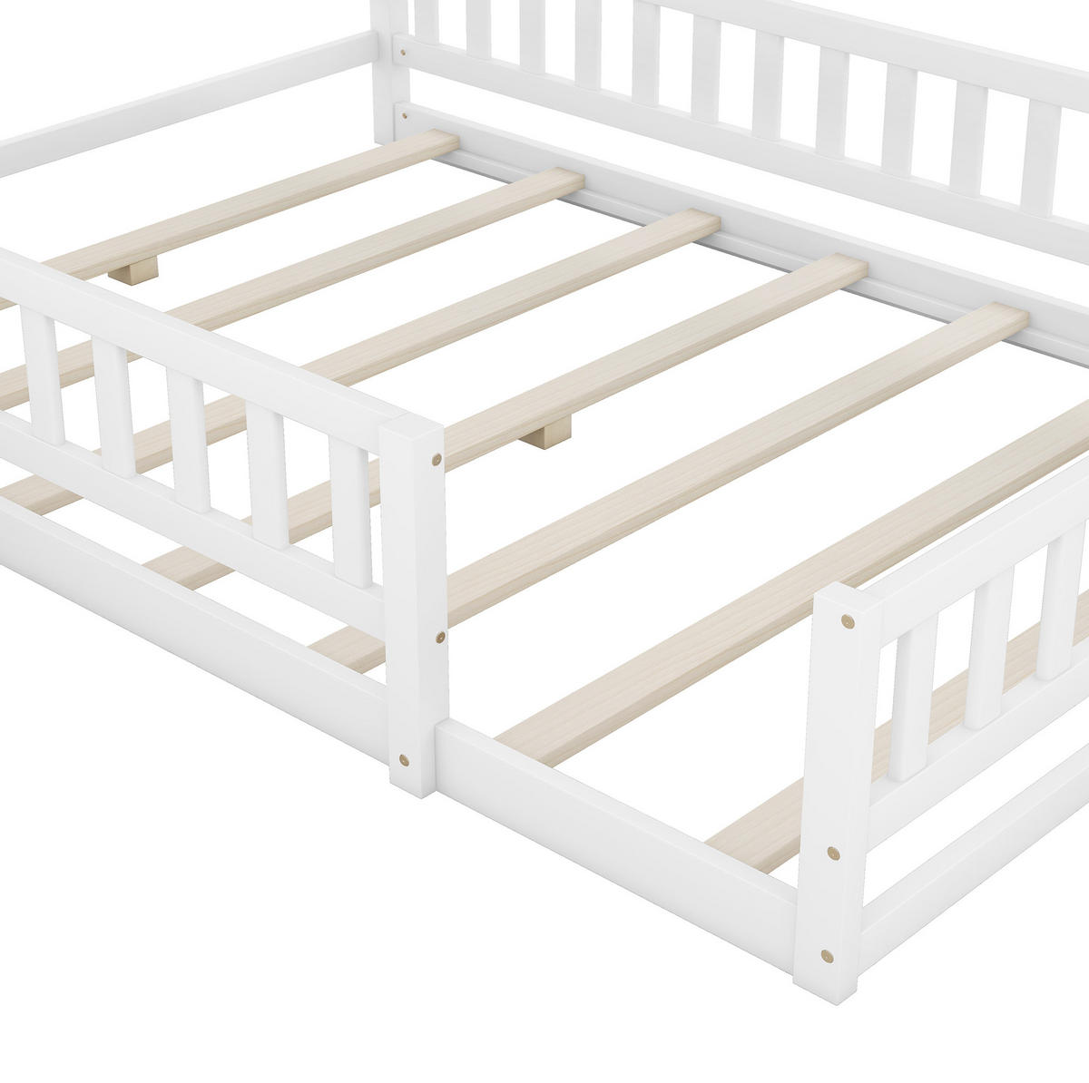 POSTELJA v obliki hiše 140/200 cm bela z ograjo in nočno omarico iz borovine in MDF - bela, les (140/200cm) - OKWISH