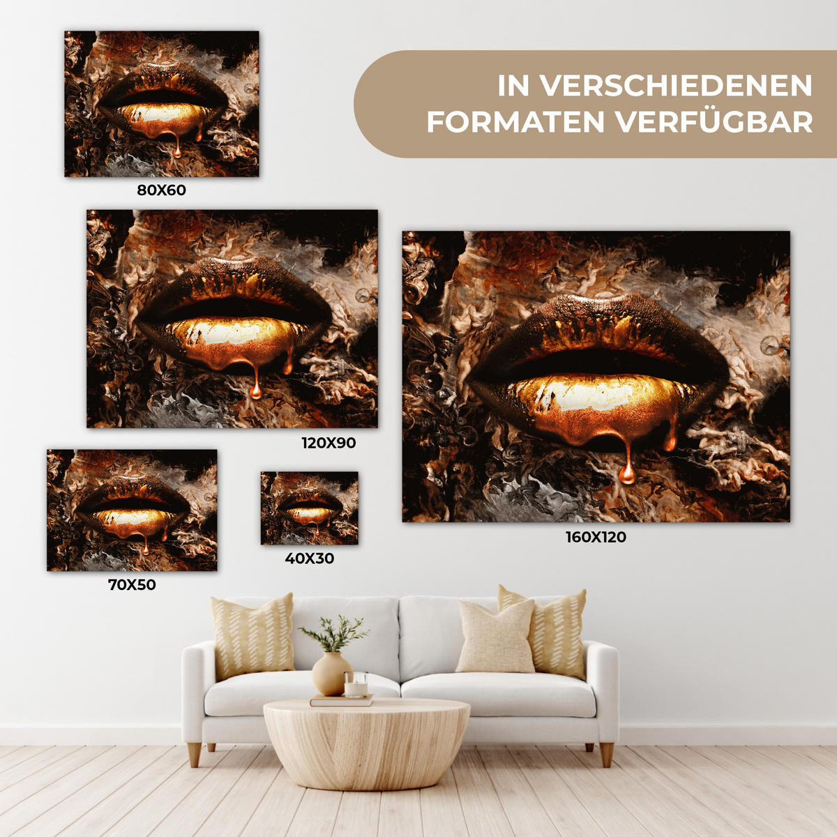 LEINWANDBILD Gold - Lippen - Kunst - Gold - Luxus - Abstrakt Wandbilder 80x60 cm - Bronzefarben, Textil (80/60cm) - MuchoWow