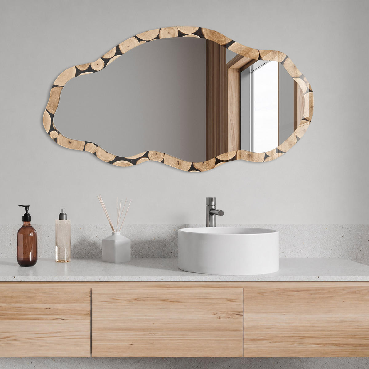 SPIEGEL 90x45 cm asymmetrisch mit Druck - Holzkreise - Transparent, Glas (45/90/0.4cm) - TULUP