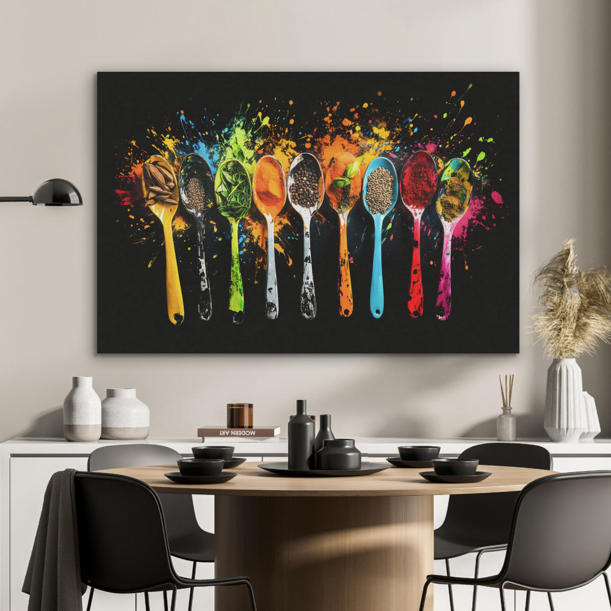 AKUSTIKBILD Löffel - Gewürze - Modern - Graffiti - Farbe - Farbenfroh Akustikpaneele 90x60 cm - Multicolor, Kunststoff (90/60/0.9cm) - MuchoWow