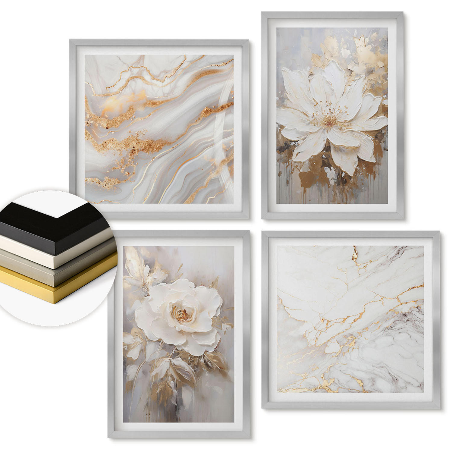 WANDBILDER 4er Set - 50x50 cm & 40x60 cm Silberner Rahmen - Blumen, heller Hintergrund, Marmormuster - Silberfarben, Kunststoff (50/50cm) - ArtPrintCave