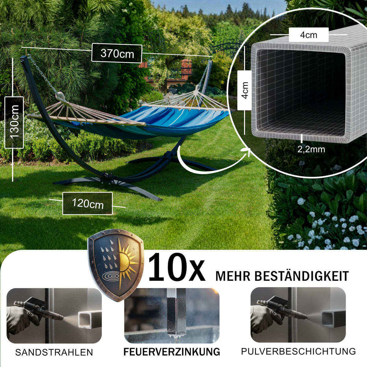 HÄNGEMATTE mit Verzinktem Gestell, 2 Personen, Stabhängematte, XXL, 200 kg, Metall, Rot, einfache Montage - Rot, Metall (370/130/120cm) - Potenza
