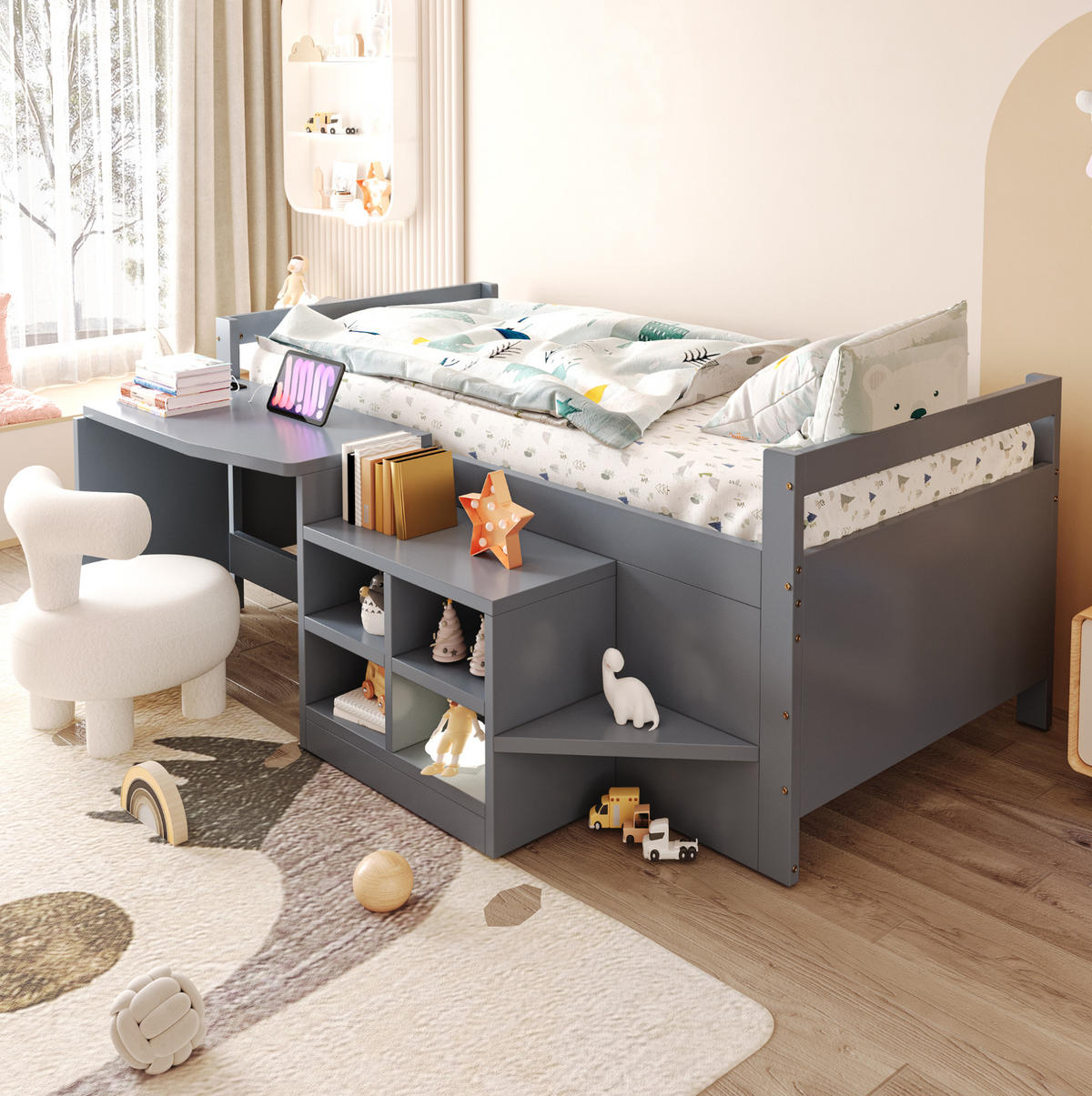 KINDERBETT 90/200 cm mit Schreibtisch, Stauraum und USB-Steckdose, Grau - Grau, Holzwerkstoff (90/200cm) - Redom