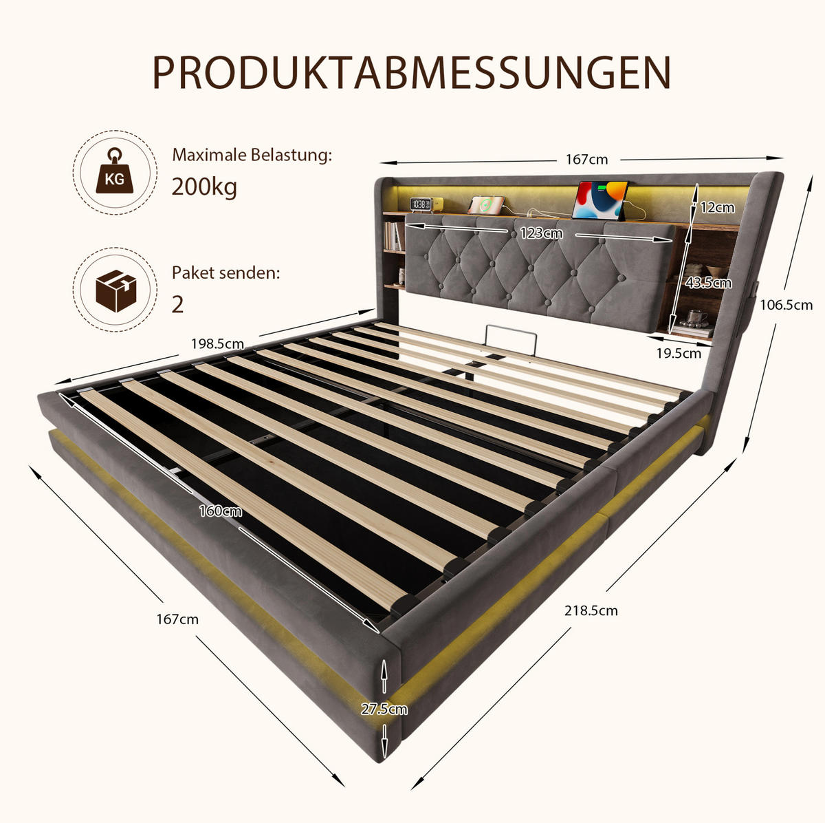 POLSTERBETT aus Samt 160x200 cm Dunkelgrau mit LED-Beleuchtung, USB-C, Bettkasten und Lattenrost - Dunkelgrau, Textil (160/200cm) - Modfu