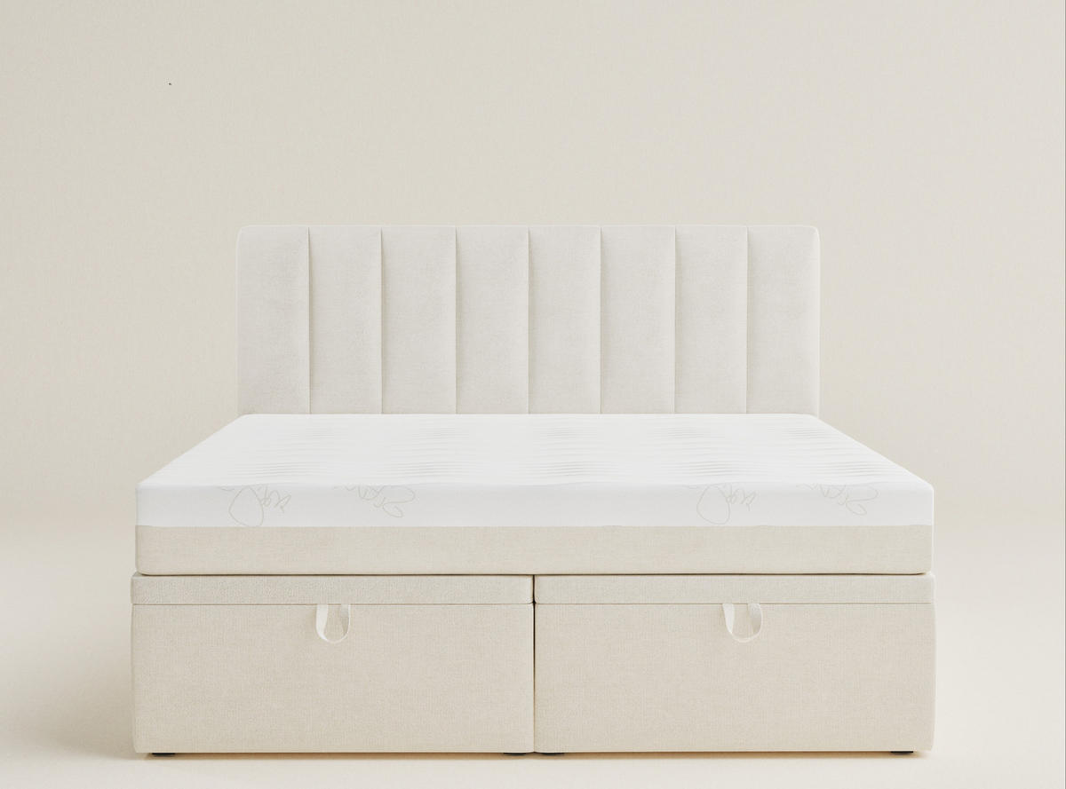 BOXBETT 180/200 cm Lovage M, in Creme, Matratze, gepolstertes Kopfteil, Bettkasten, H3 = fest - Creme/Schwarz, Holz/Holzwerkstoff (180/200cm) - Maison de Reve