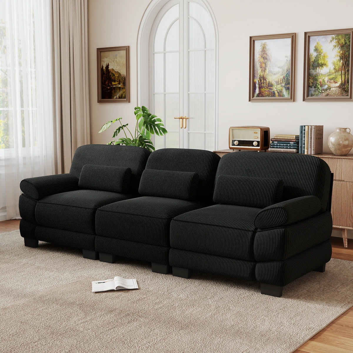 3-SITZER-SOFA mit Lendenkissen, Cordbezug, DE-42659, Schwarz - Schwarz, Holz (265/94/88.5cm) - ComfortXL