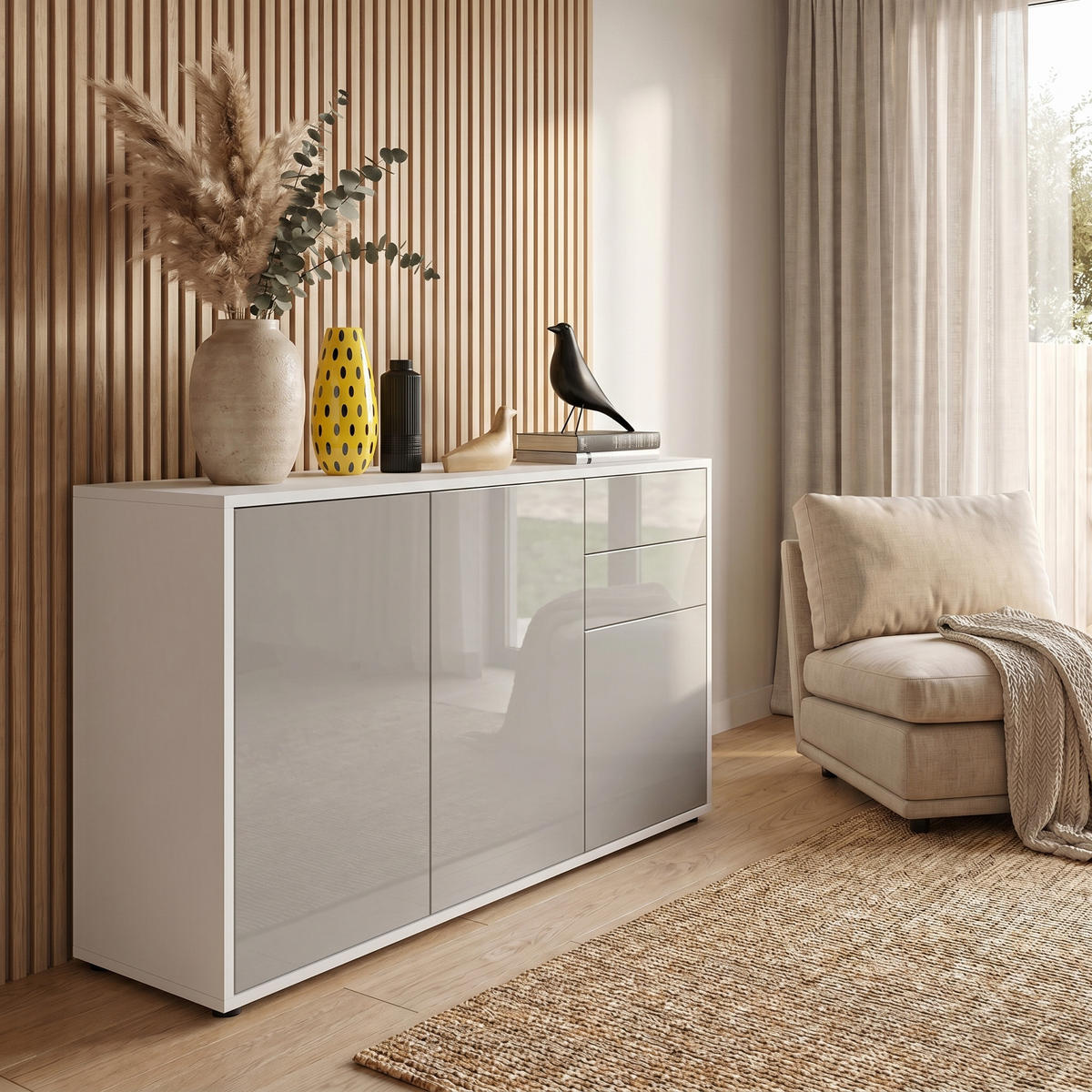 KOMODA Ben V3 Bijela mat/Pješčano siva visoki sjaj (117 x 74 x 36 cm) - boje pijeska, drvni materijal (117/74/36cm) - Vladon